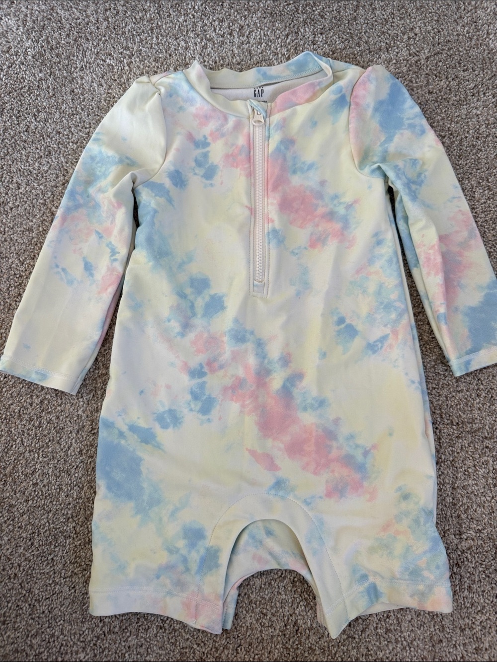 GAP Pastel Tie-Dye Long-Sleeve One-Piece swim in Blue, Pink, Yellow